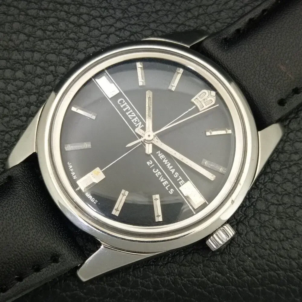 Vintage 1974 Citizen Manual Wound Mens Silver Watch & Black accents